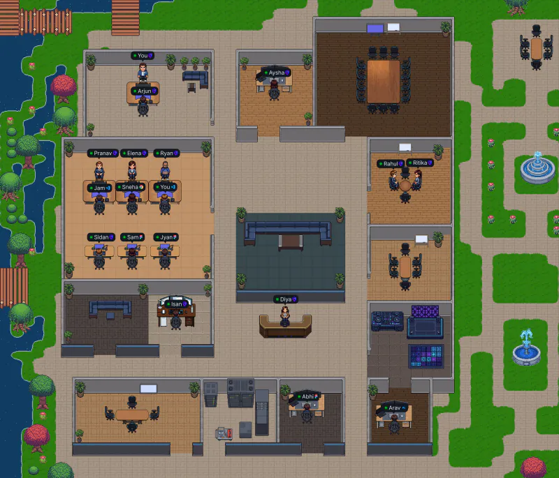 VirtualStation office map showing teammates collaborating in shared digital rooms
