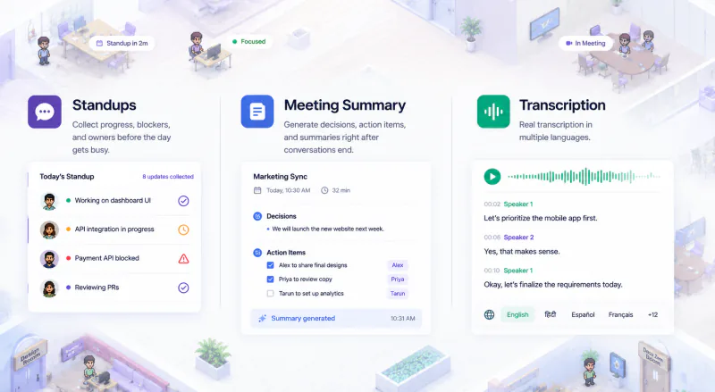 VirtualStation AI agents showing standups, meeting summaries and transcription