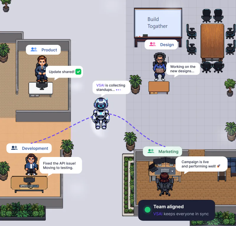 VSAI coordinating product, design, development, and marketing teams in a virtual office