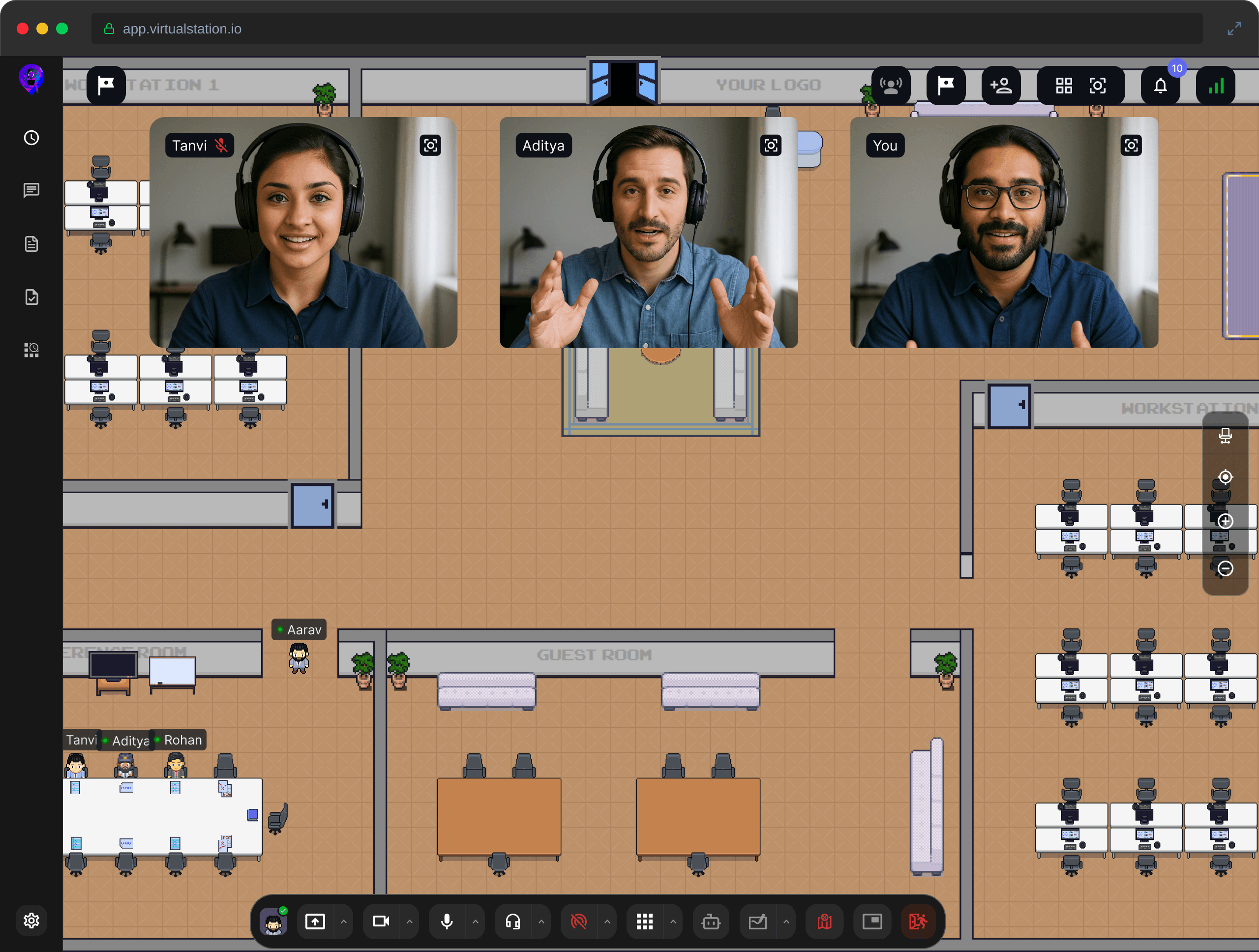 VirtualStation live office floor with an active team conversation